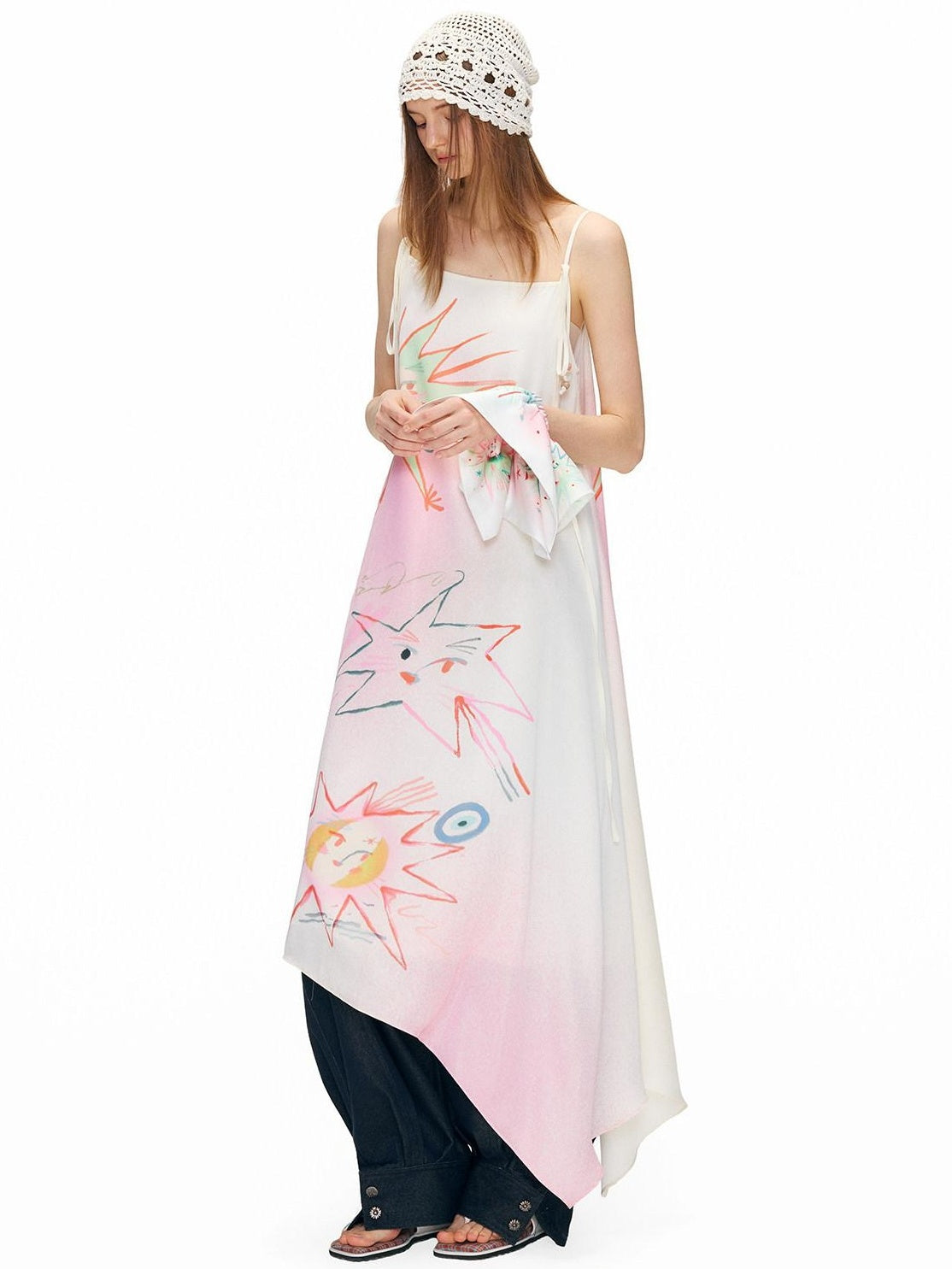 OuttheBlue Floral Print Loose Waist Aline Irregular Hem Pink Vacation Slip Midi Dresses