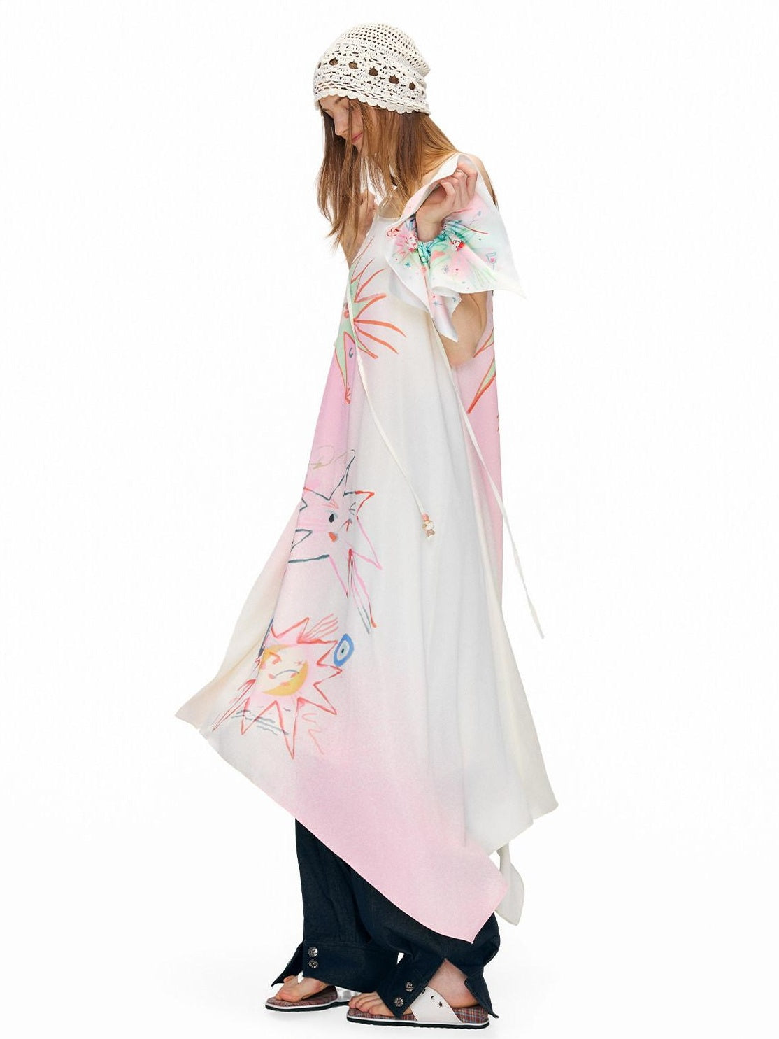 OuttheBlue Floral Print Loose Waist Aline Irregular Hem Pink Vacation Slip Midi Dresses