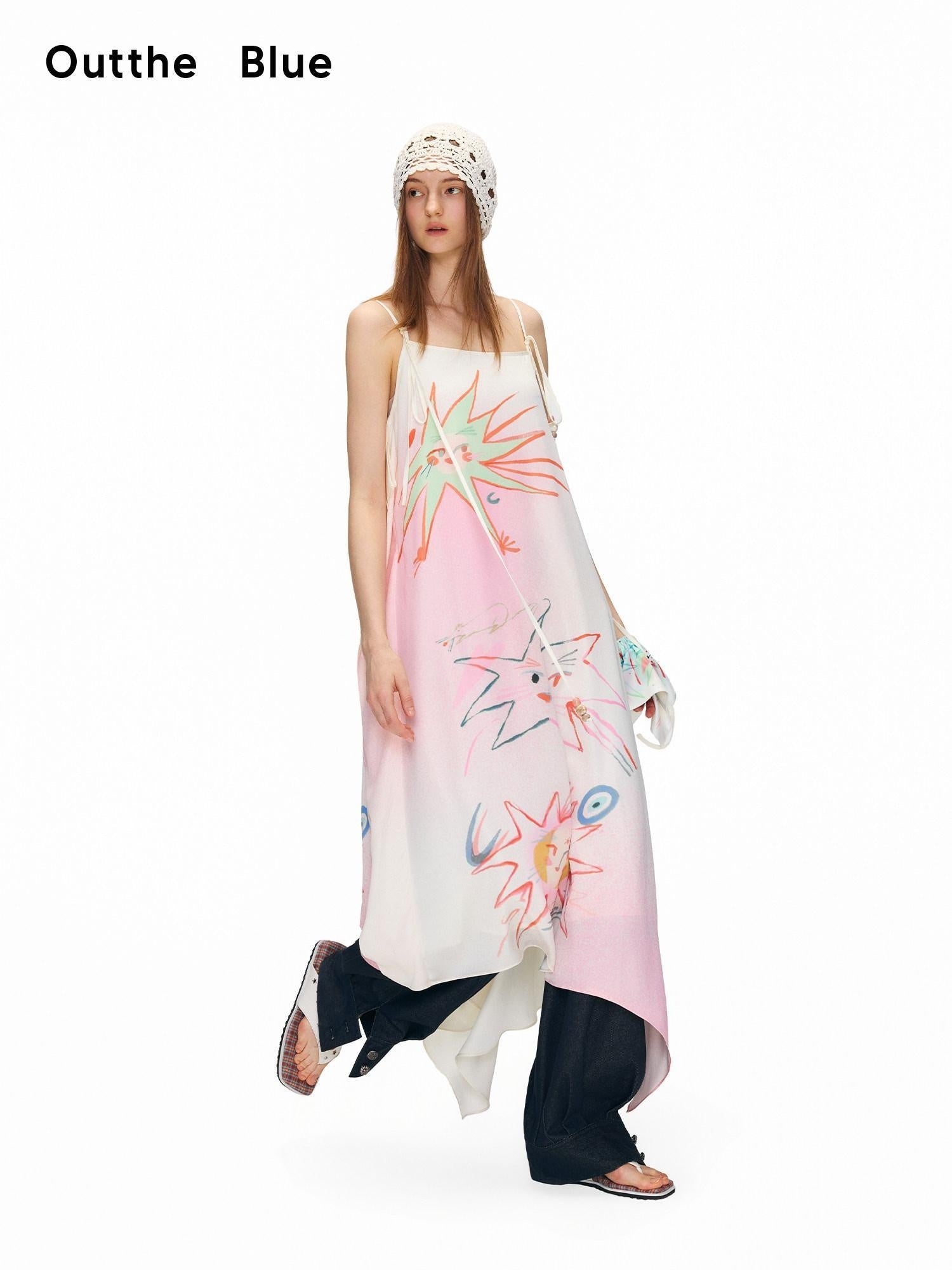 OuttheBlue Floral Print Loose Waist Aline Irregular Hem Pink Vacation Slip Midi Dresses