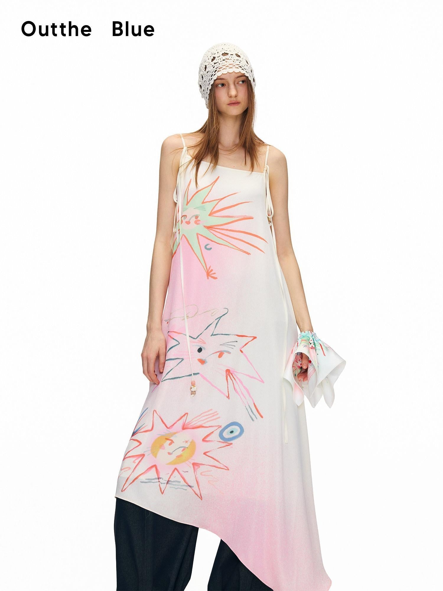 OuttheBlue Floral Print Loose Waist Aline Irregular Hem Pink Vacation Slip Midi Dresses