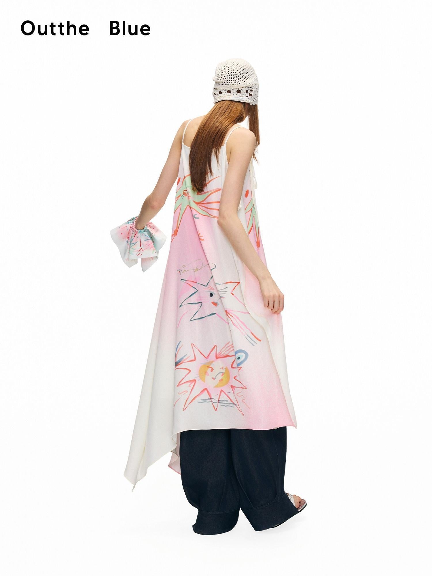 OuttheBlue Floral Print Loose Waist Aline Irregular Hem Pink Vacation Slip Midi Dresses