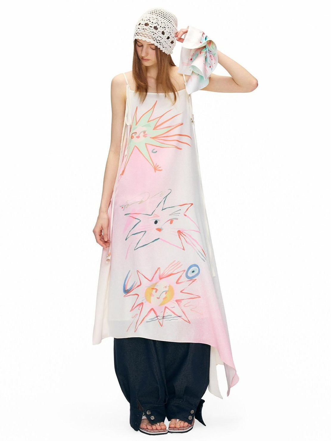 OuttheBlue Floral Print Loose Waist Aline Irregular Hem Pink Vacation Slip Midi Dresses