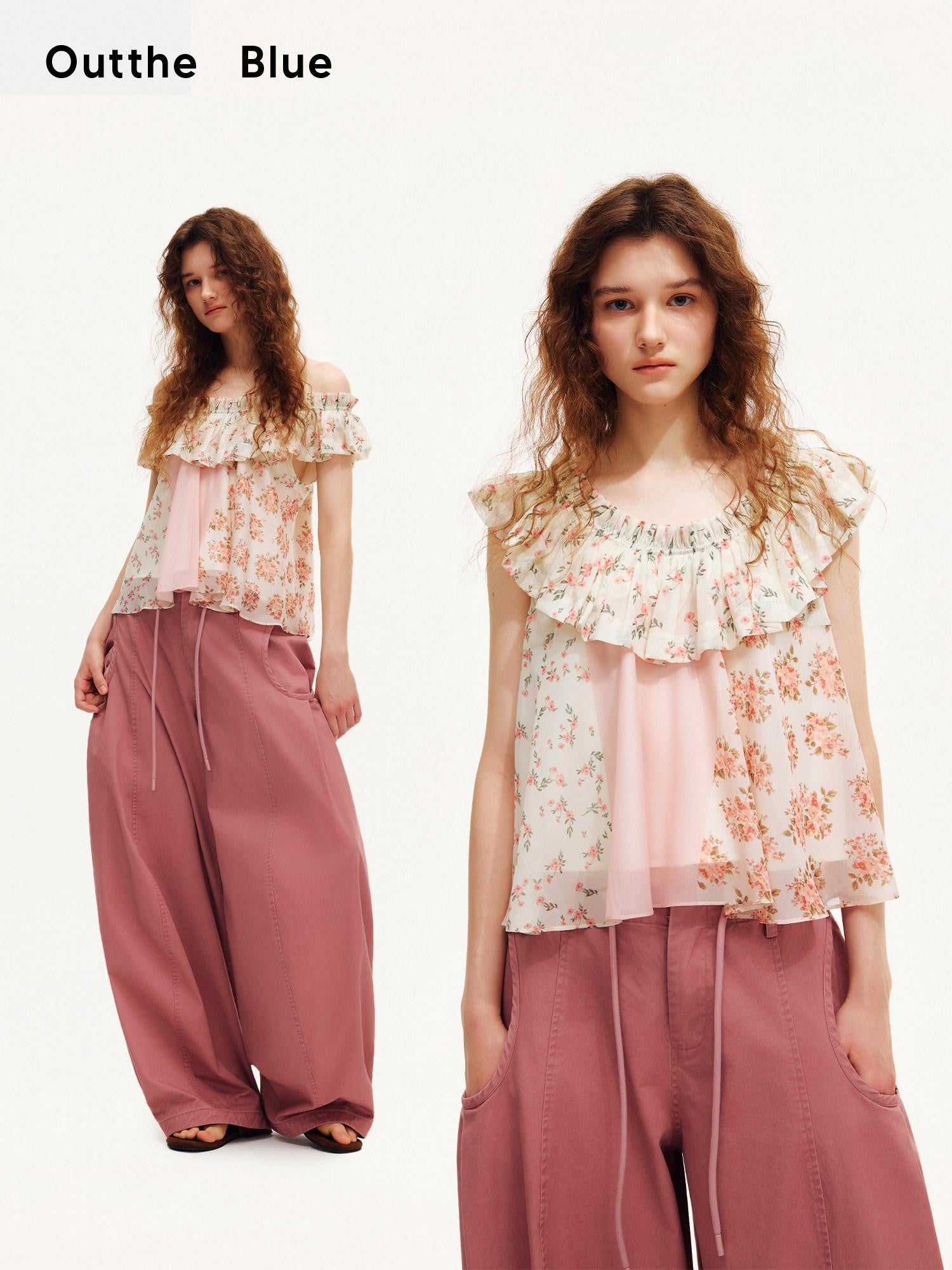 OuttheBlue Floral Print Off Shoulder Ruffle Hem A Line Women&