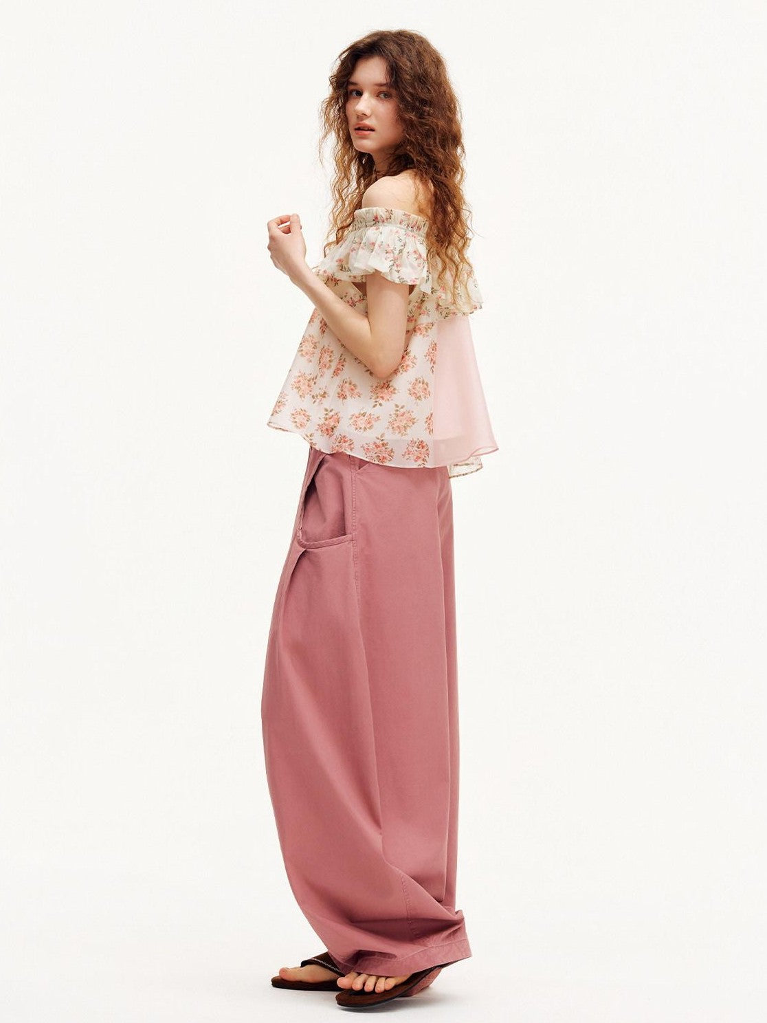 OuttheBlue Floral Print Off Shoulder Ruffle Hem A Line Women&