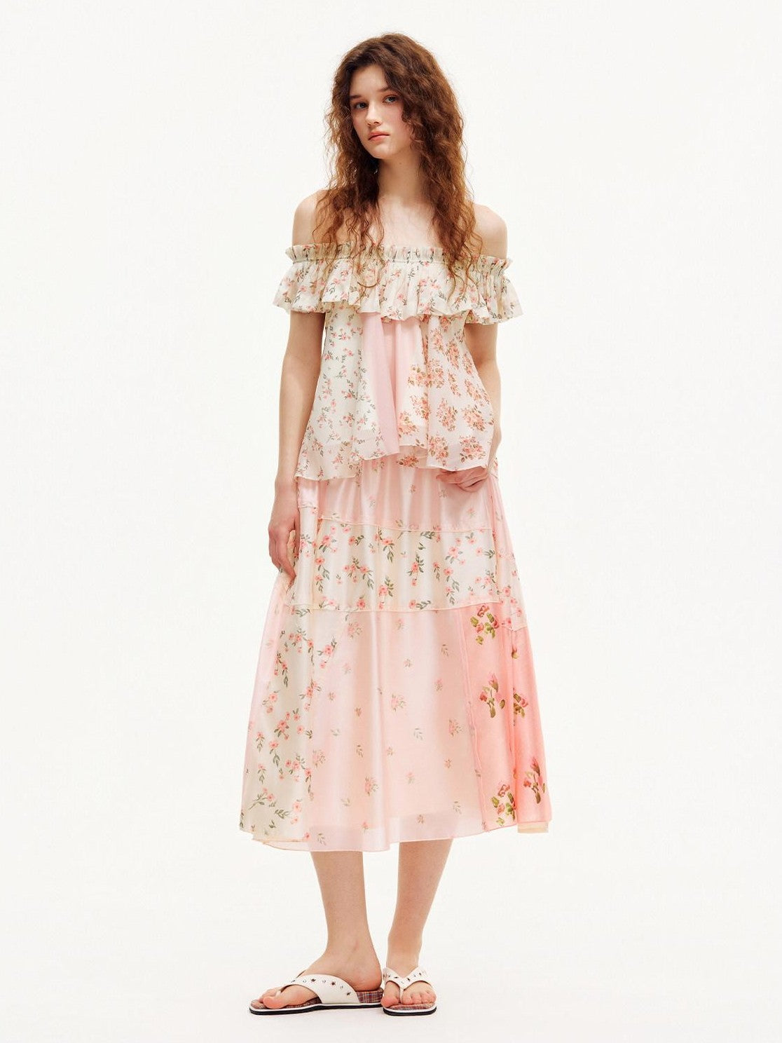 OuttheBlue Floral Print Off Shoulder Ruffle Hem A Line Women&