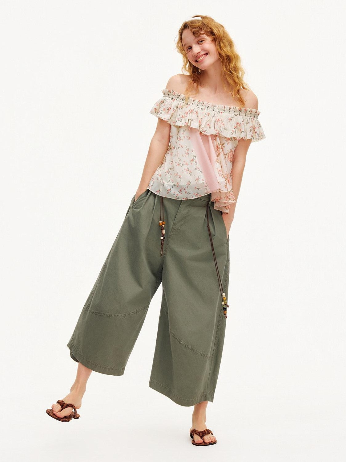 OuttheBlue Floral Print Off Shoulder Ruffle Hem A Line Women&