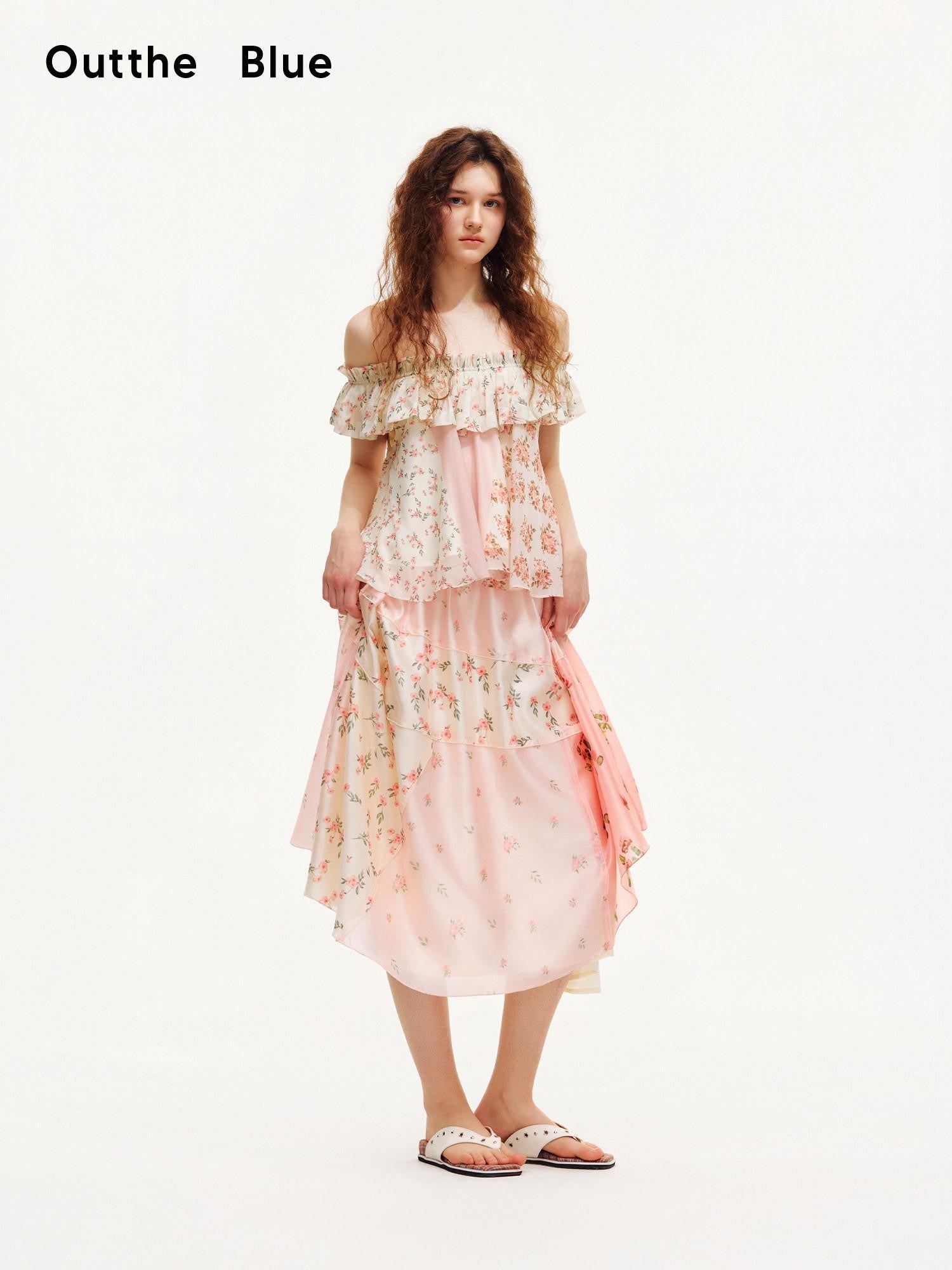 OuttheBlue Floral Print Off Shoulder Ruffle Hem A Line Women&