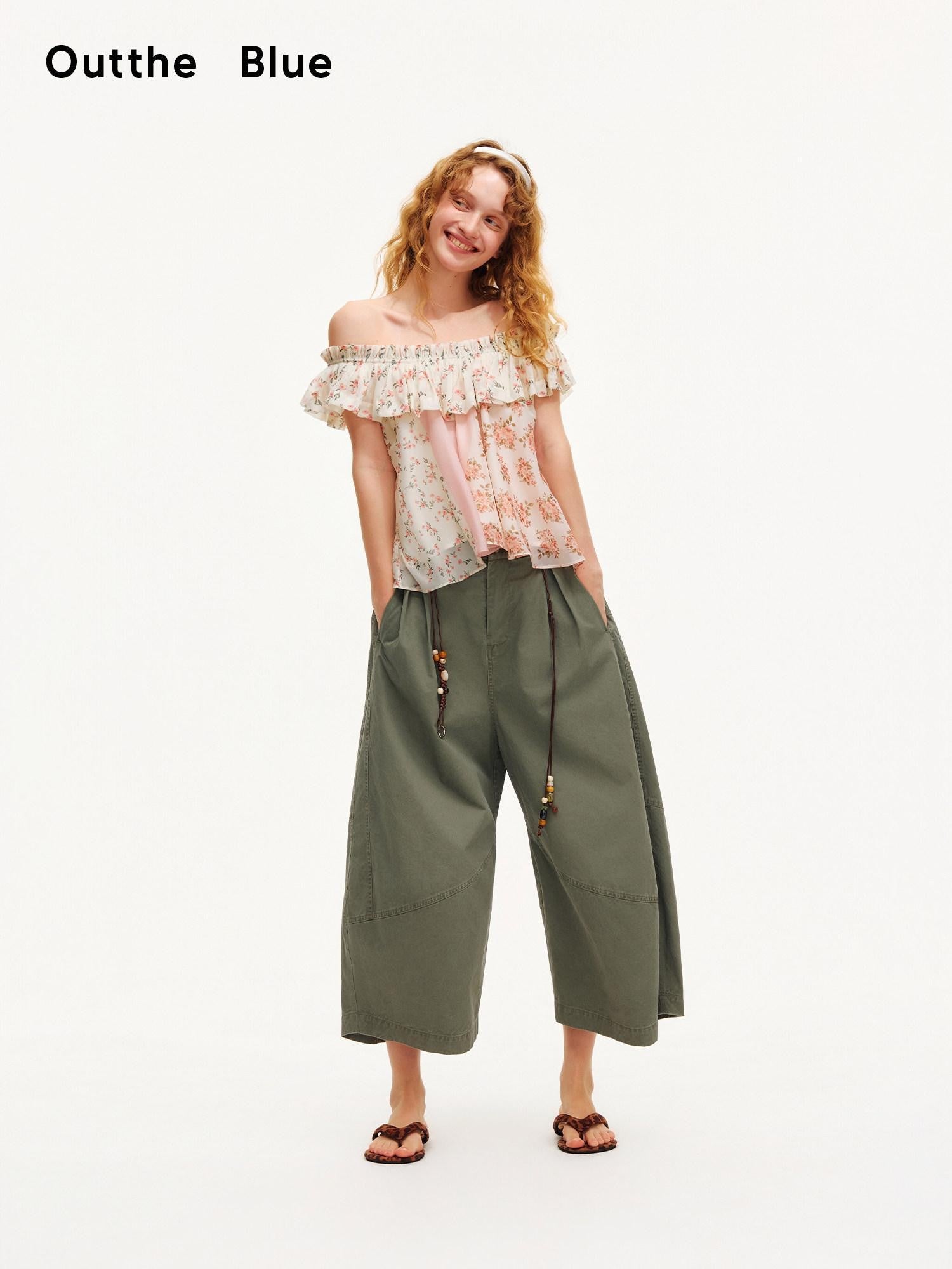 OuttheBlue Floral Print Off Shoulder Ruffle Hem A Line Women&