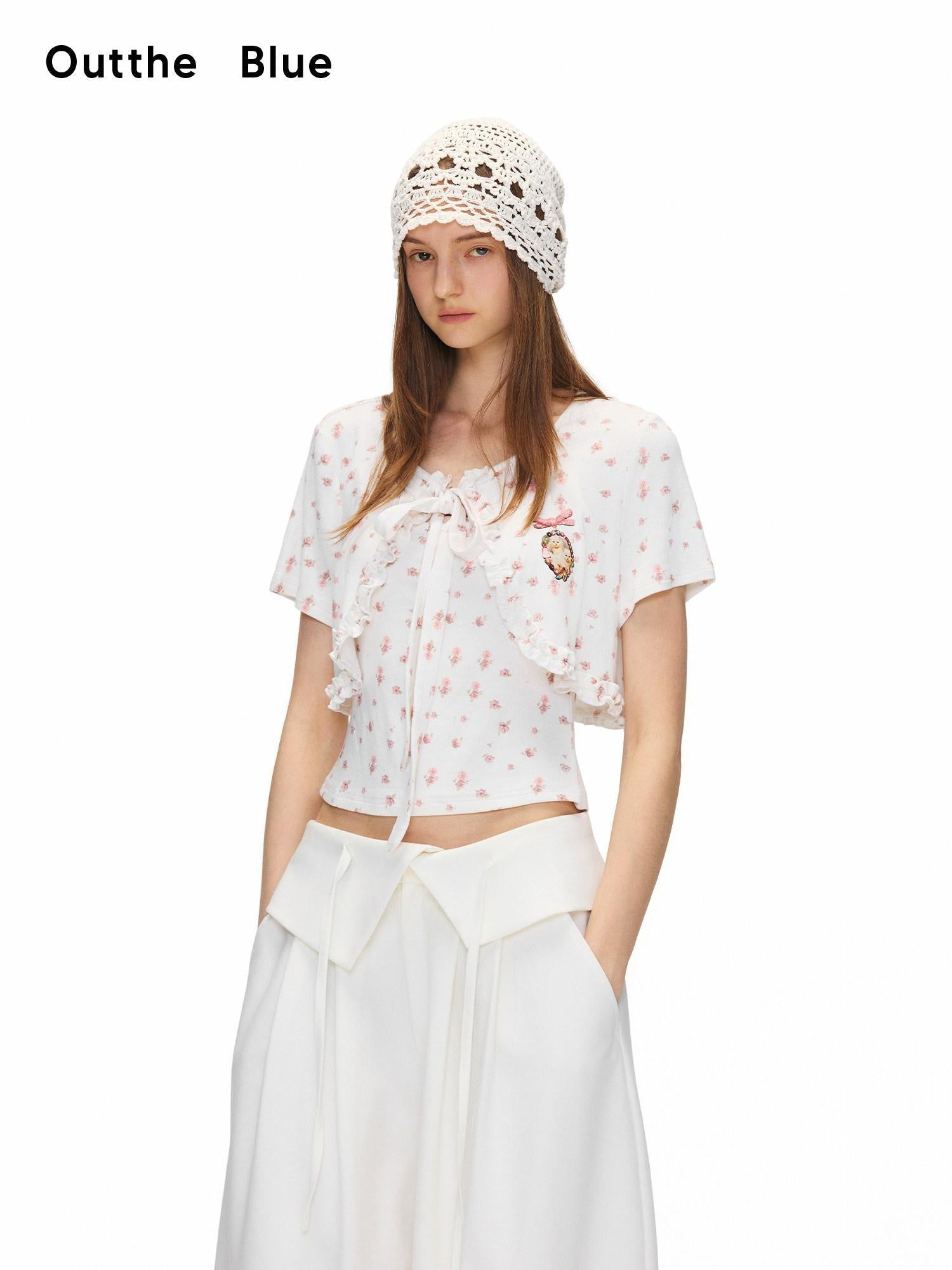 OuttheBlue Floral Ruffle V-neck Tie Front Fitted High Stretch White Viscose Camisoles