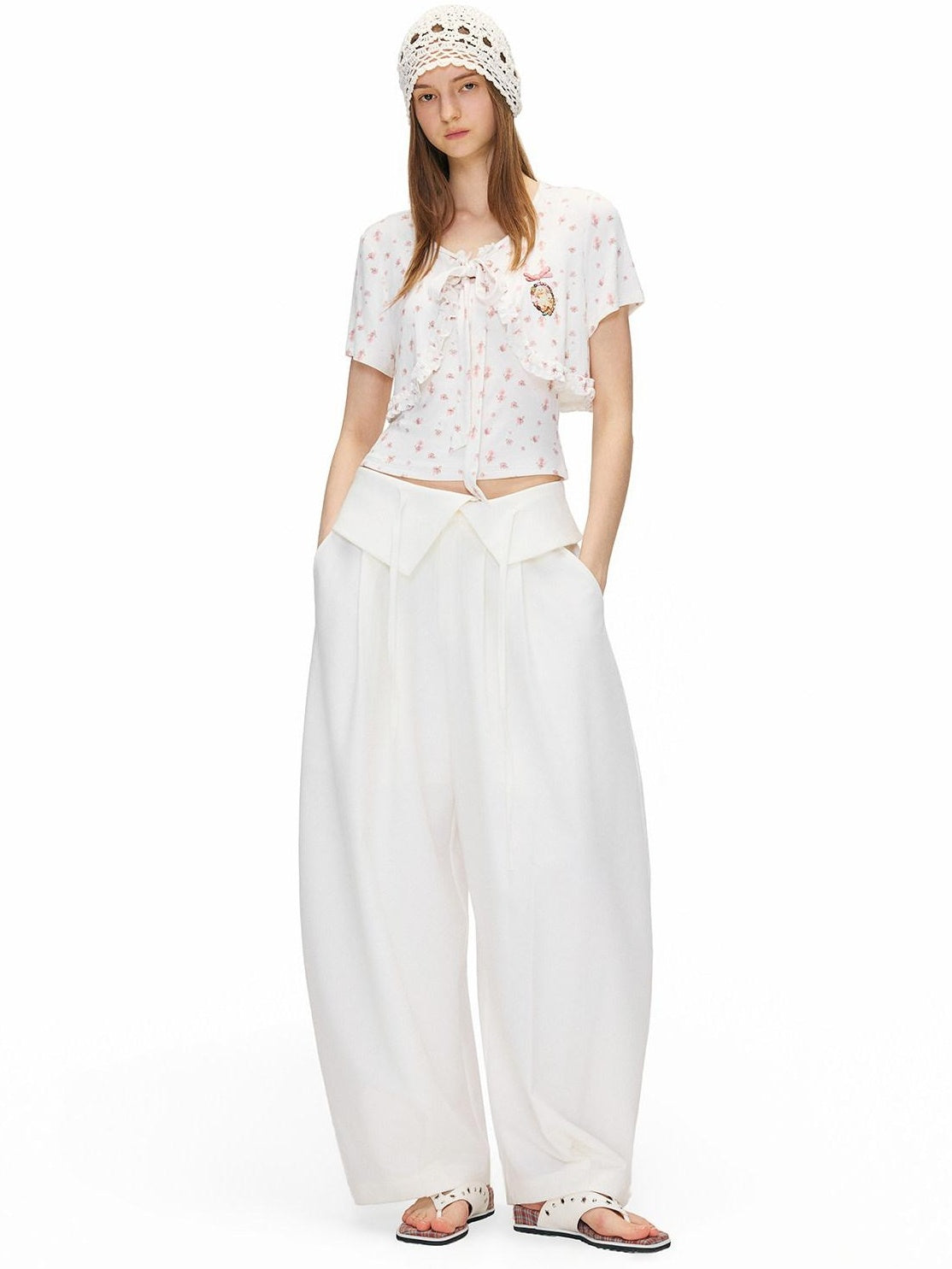 OuttheBlue Floral Ruffle V-neck Tie Front Fitted High Stretch White Viscose Camisoles