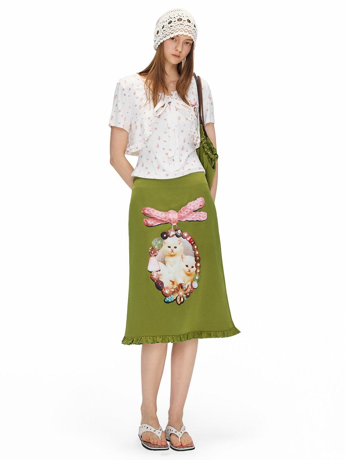 OuttheBlue Floral Ruffle V-neck Tie Front Fitted High Stretch White Viscose Camisoles