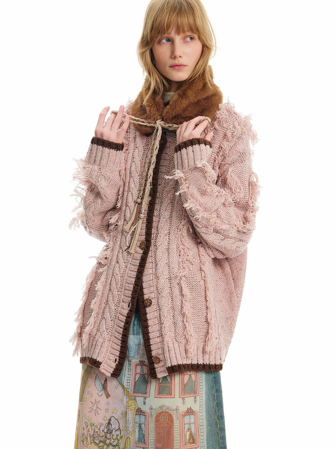 OuttheBlue Fringed Cable Knit Loose Fit Women&