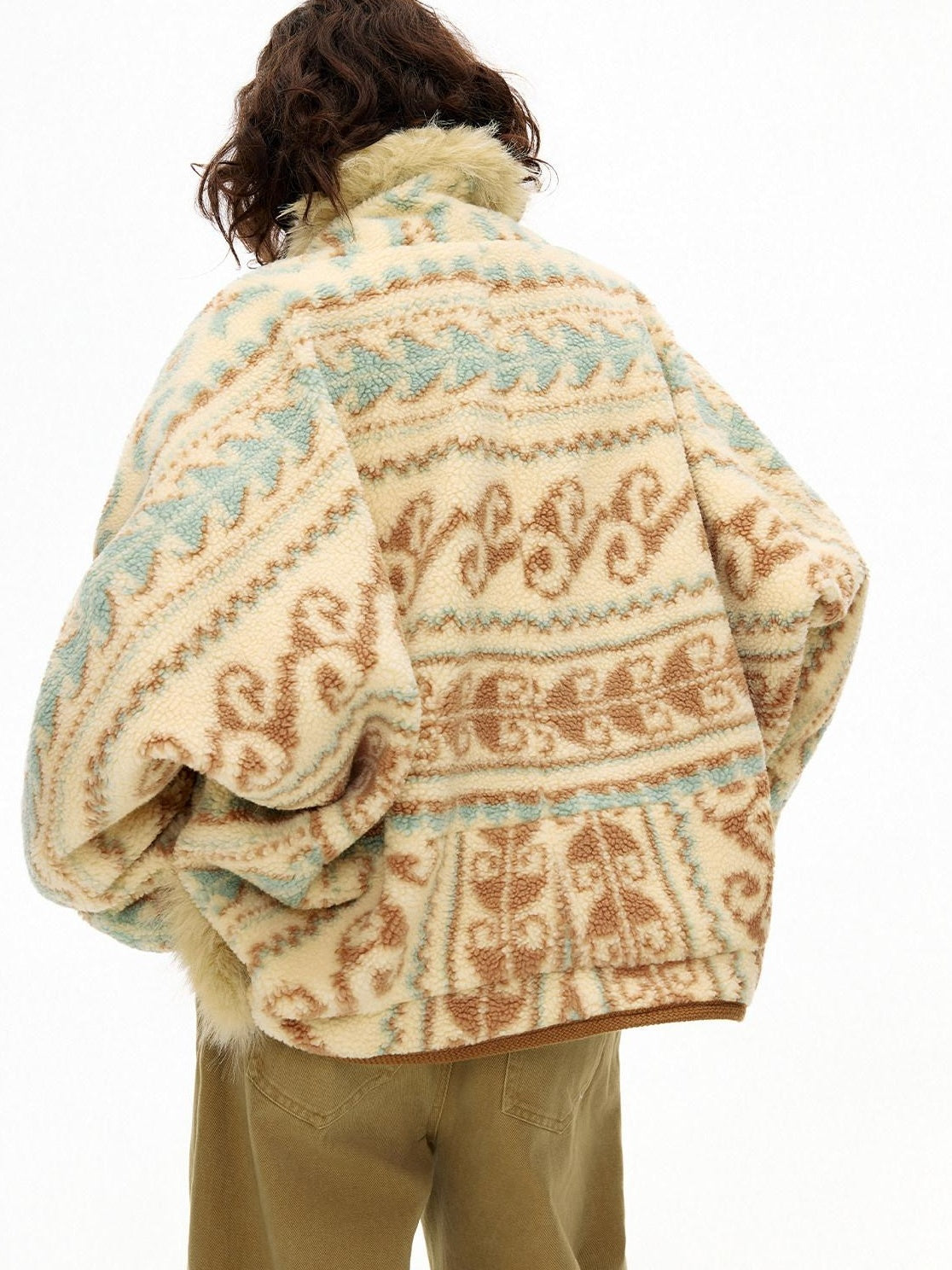 OuttheBlue Fur Collar Loose Midlength Stand Collar Casual Women Fair Isle Polyester Jackets