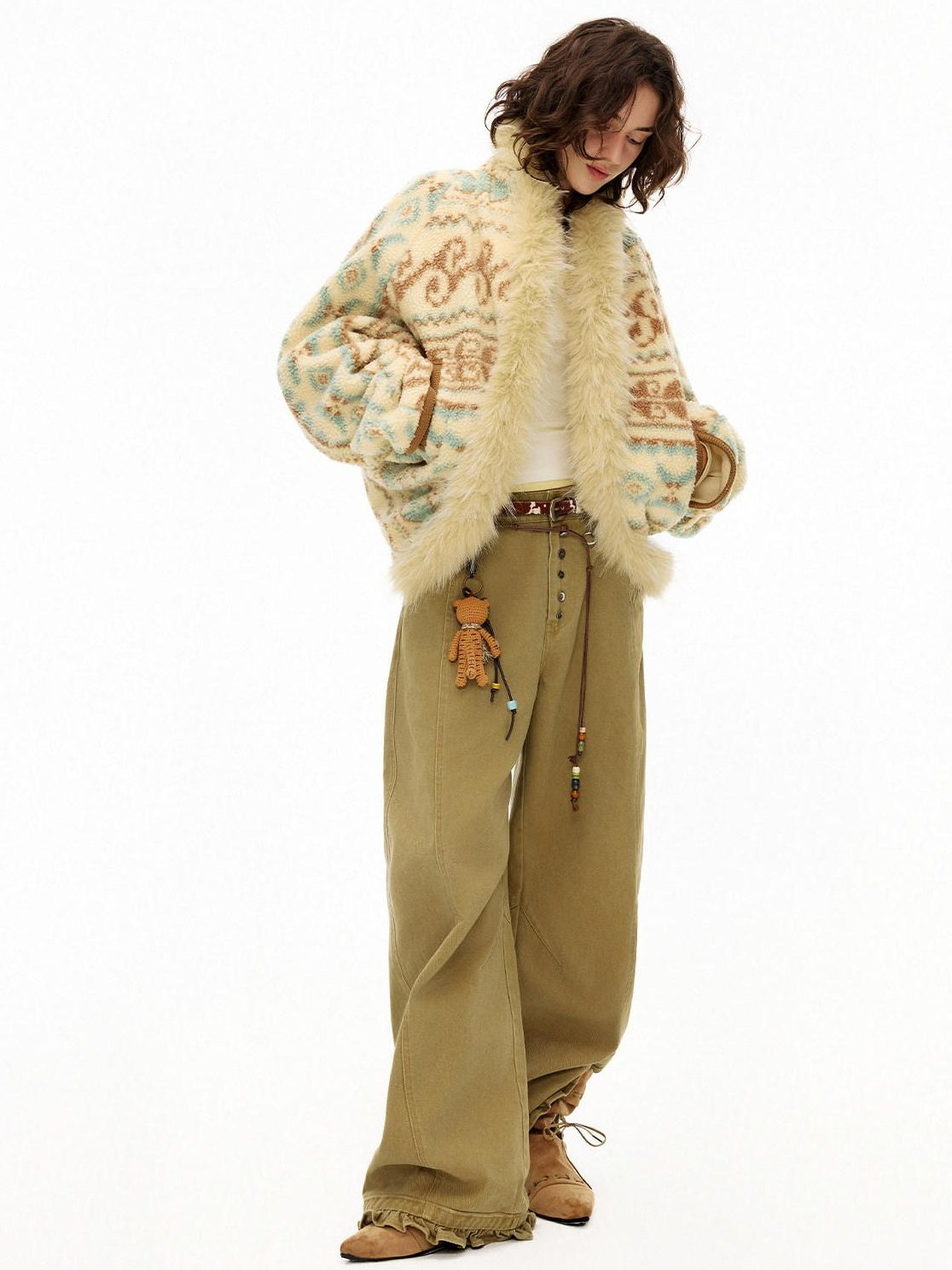 OuttheBlue Fur Collar Loose Midlength Stand Collar Casual Women Fair Isle Polyester Jackets