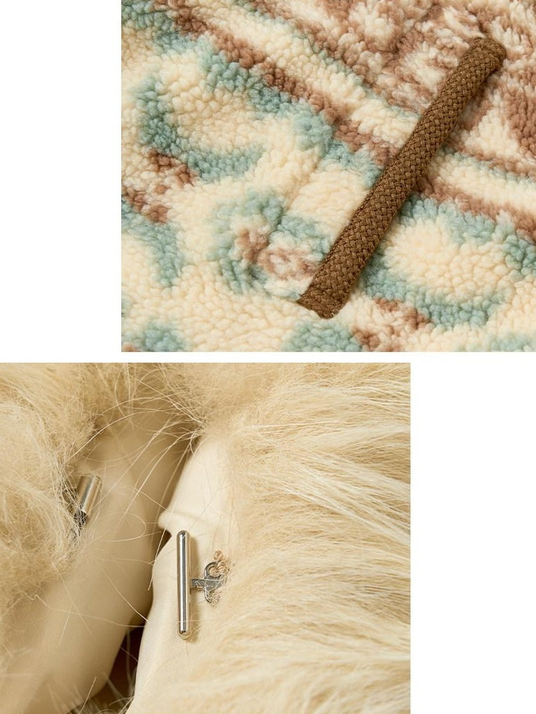 OuttheBlue Fur Collar Loose Midlength Stand Collar Casual Women Fair Isle Polyester Jackets