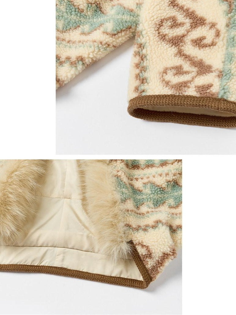 OuttheBlue Fur Collar Loose Midlength Stand Collar Casual Women Fair Isle Polyester Jackets