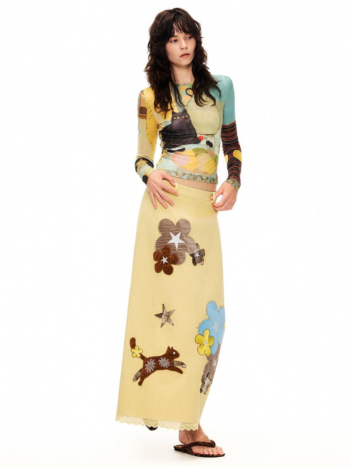 OuttheBlue Goose Yellow Floral Embroidered High Waist Straight Women&