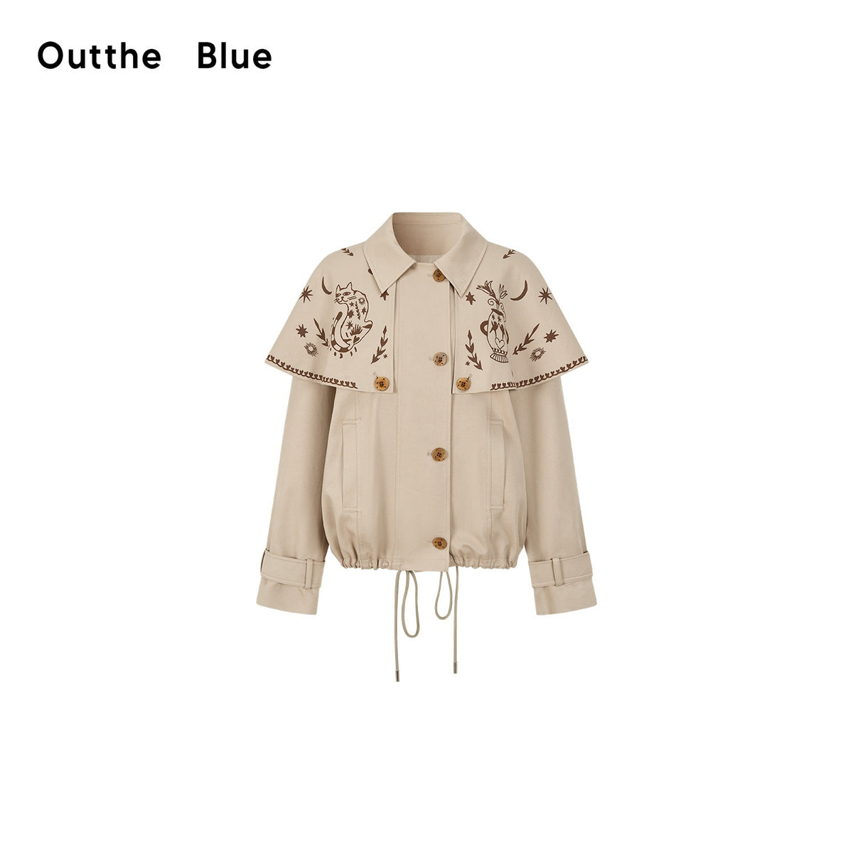 OuttheBlue_Hand_Painted_Cat_Print_Khaki_Cropped_Cape_Women&