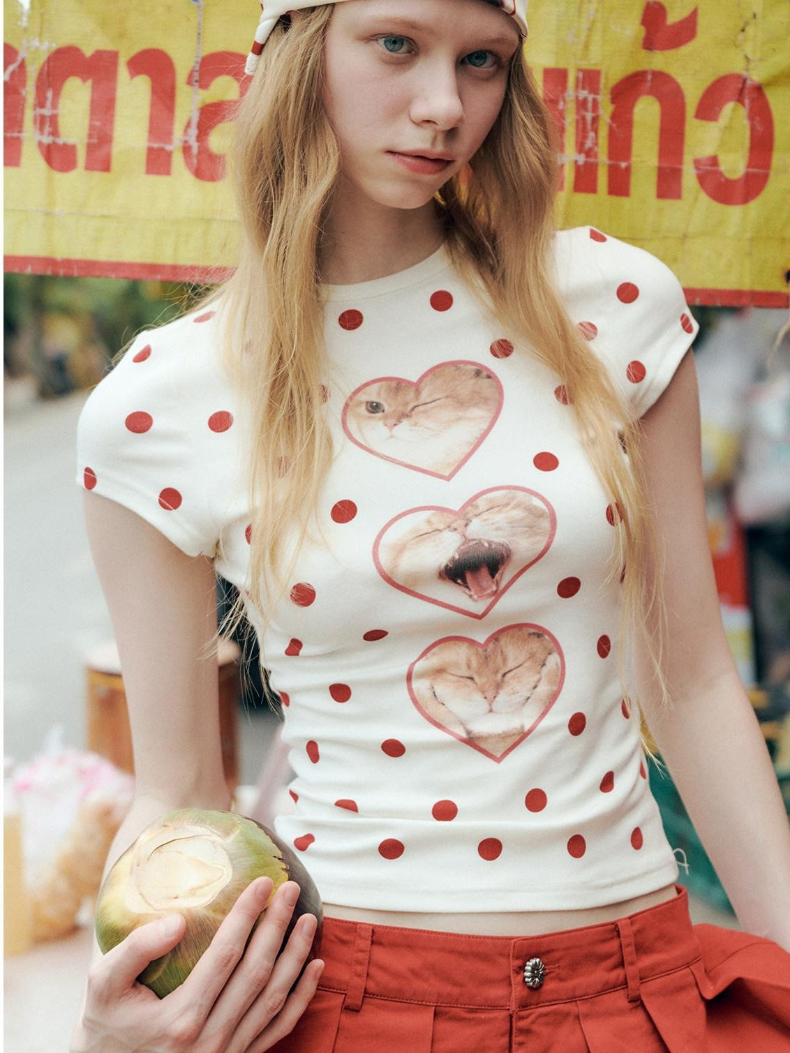 OuttheBlue Heart Polka Dot Print Slim Fit Women Viscose Cotton Blend Short Sleeve T-Shirts