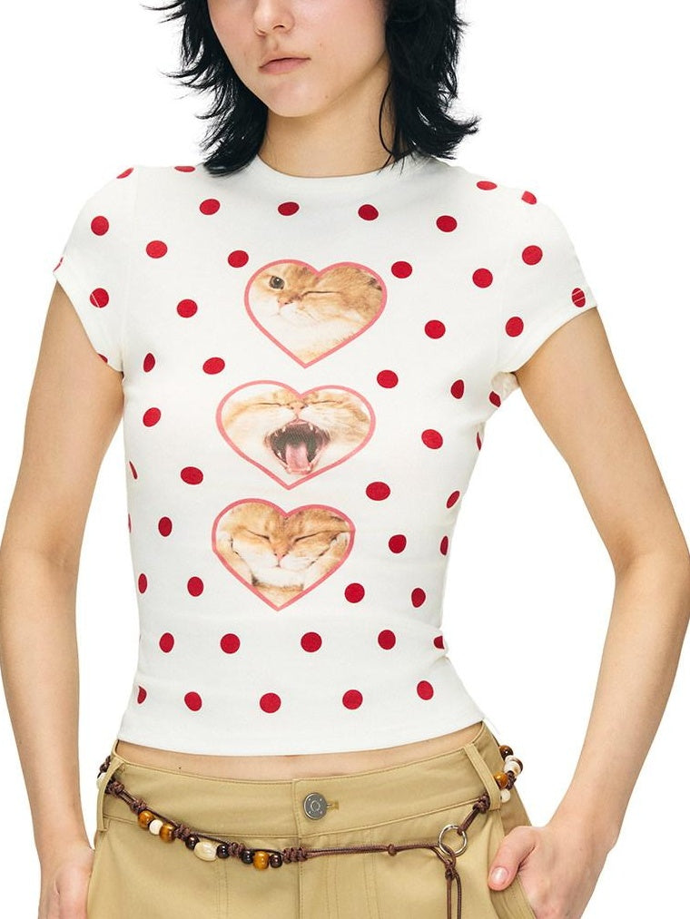 OuttheBlue Heart Polka Dot Print Slim Fit Women Viscose Cotton Blend Short Sleeve T-Shirts