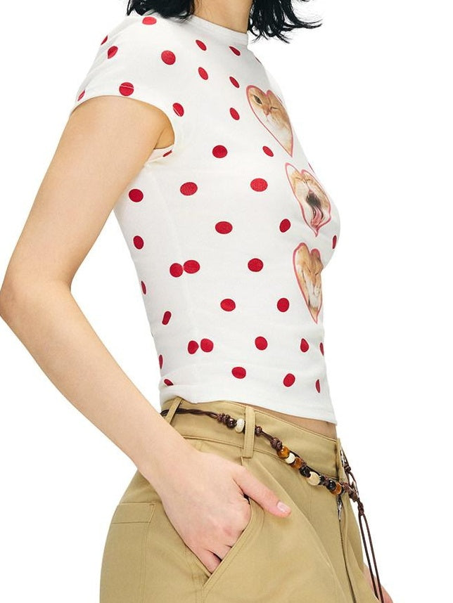 OuttheBlue Heart Polka Dot Print Slim Fit Women Viscose Cotton Blend Short Sleeve T-Shirts