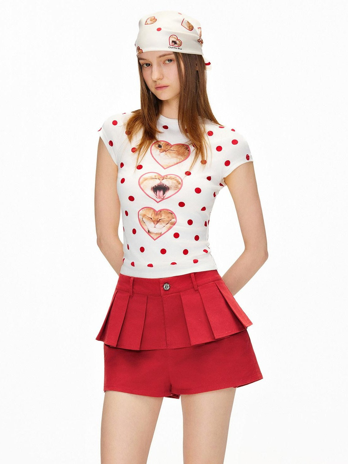 OuttheBlue Heart Polka Dot Print Slim Fit Women Viscose Cotton Blend Short Sleeve T-Shirts