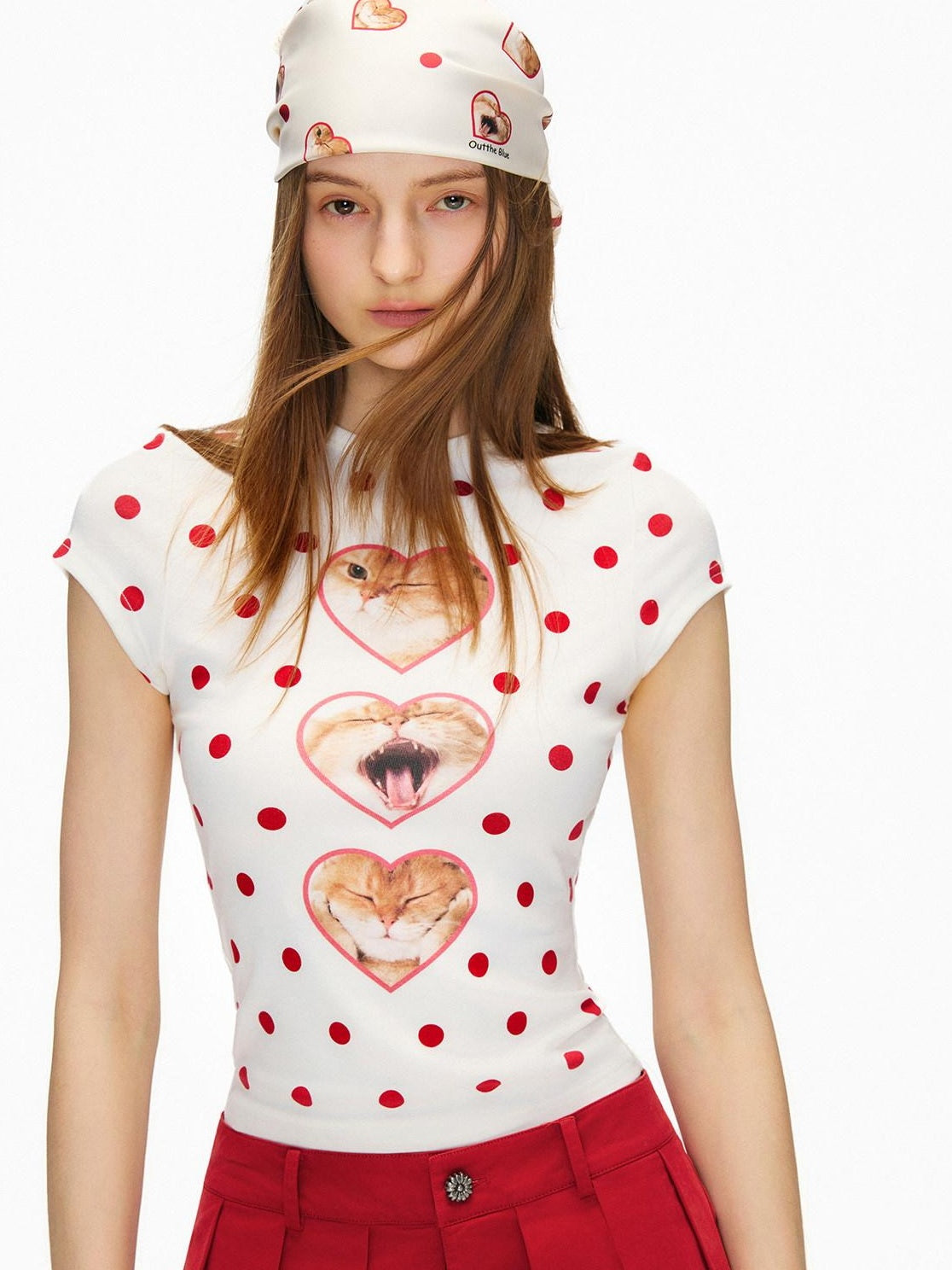 OuttheBlue Heart Polka Dot Print Slim Fit Women Viscose Cotton Blend Short Sleeve T-Shirts