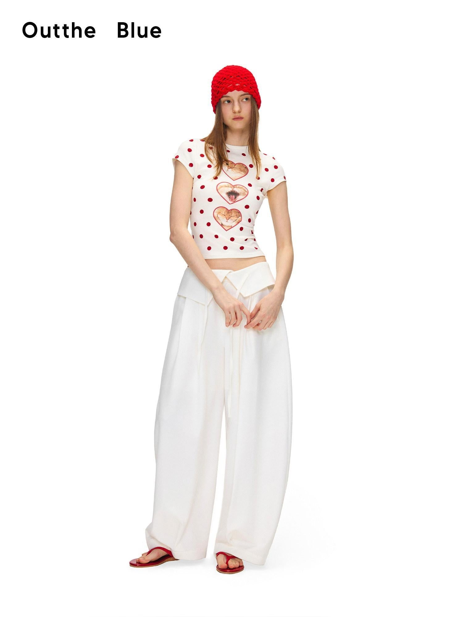 OuttheBlue Heart Polka Dot Print Slim Fit Women Viscose Cotton Blend Short Sleeve T-Shirts