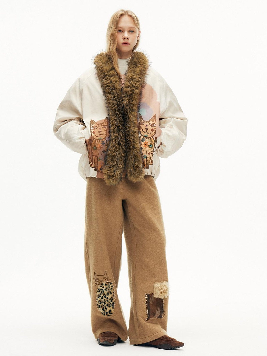 OuttheBlue High Fill White Duck Down Fur Collar Cape Office Beige Animal Print Down Jackets