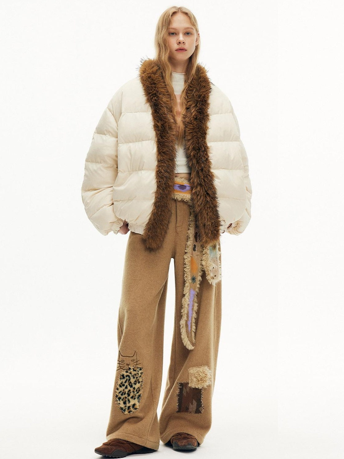 OuttheBlue High Fill White Duck Down Fur Collar Cape Office Beige Animal Print Down Jackets