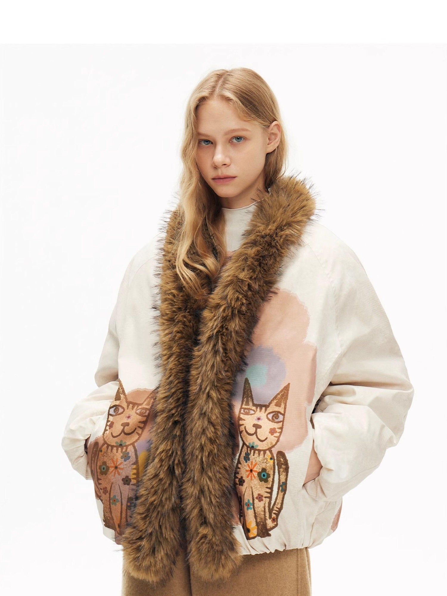 OuttheBlue High Fill White Duck Down Fur Collar Cape Office Beige Animal Print Down Jackets