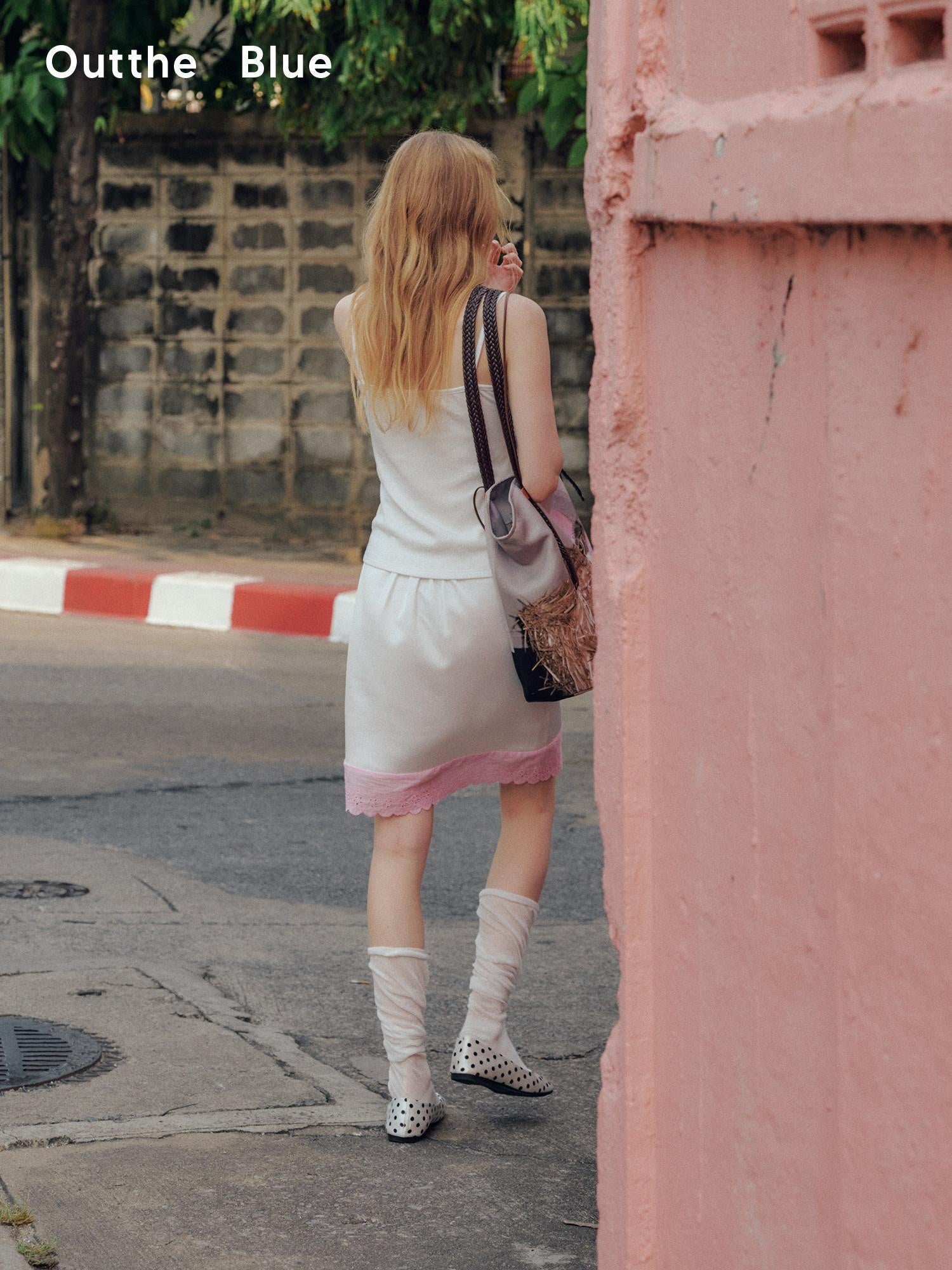 OuttheBlue High Stretch Colorblock A Line Side Slit Mid Waist Pink White Midi Skirts