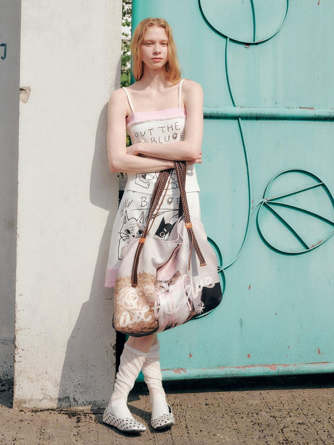 OuttheBlue High Stretch Colorblock A Line Side Slit Mid Waist Pink White Midi Skirts