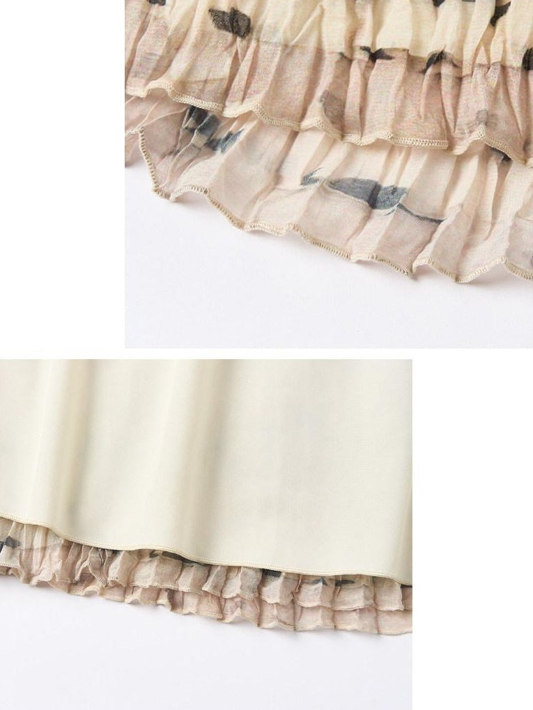 OuttheBlue High Stretch High Waist Pleated Printed Women Almond Cream Midi Skirts
