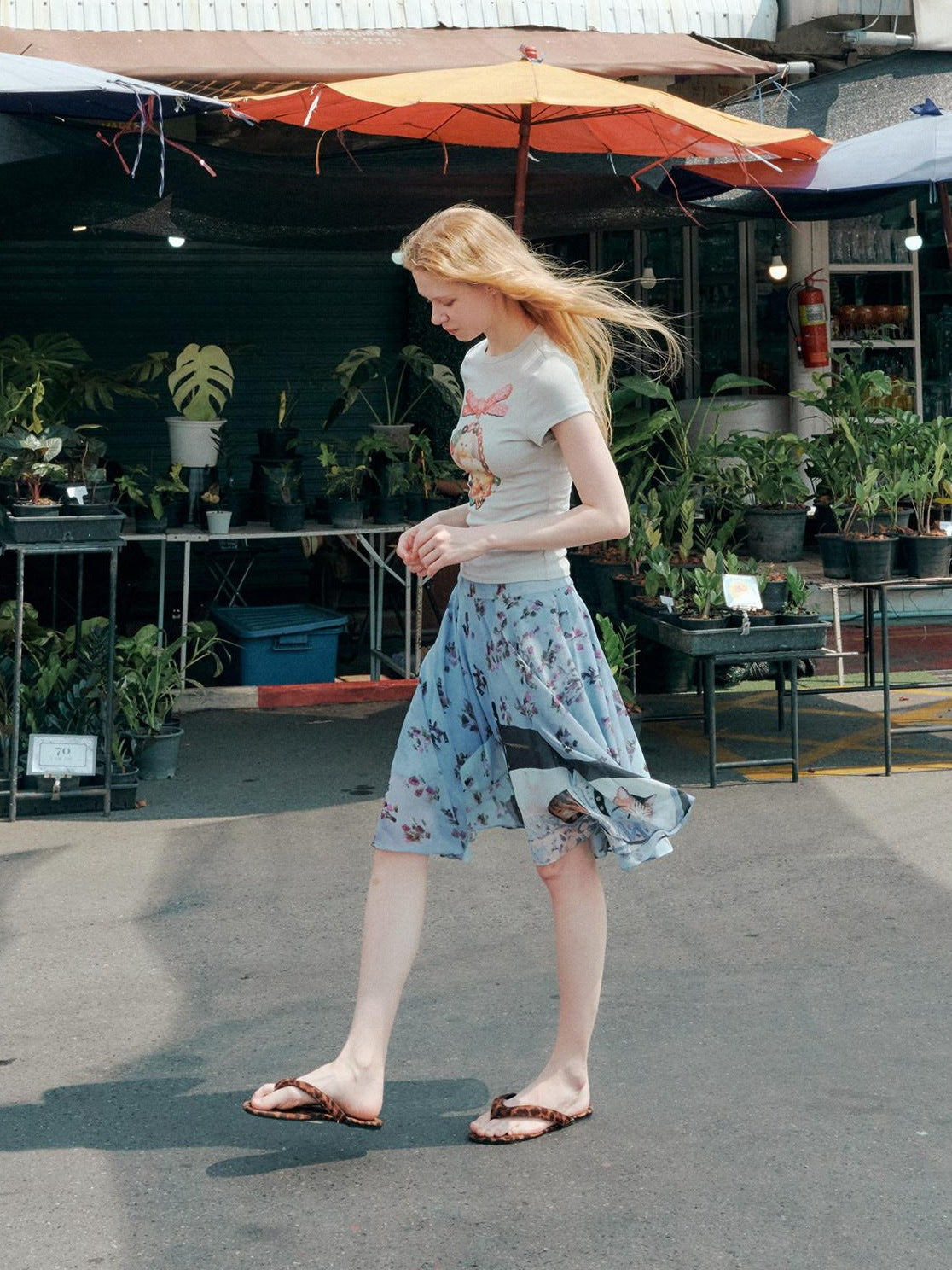 OuttheBlue High Stretch Print A Line High Waist Elastic Teen Sky Blue Polyester Midi Skirts