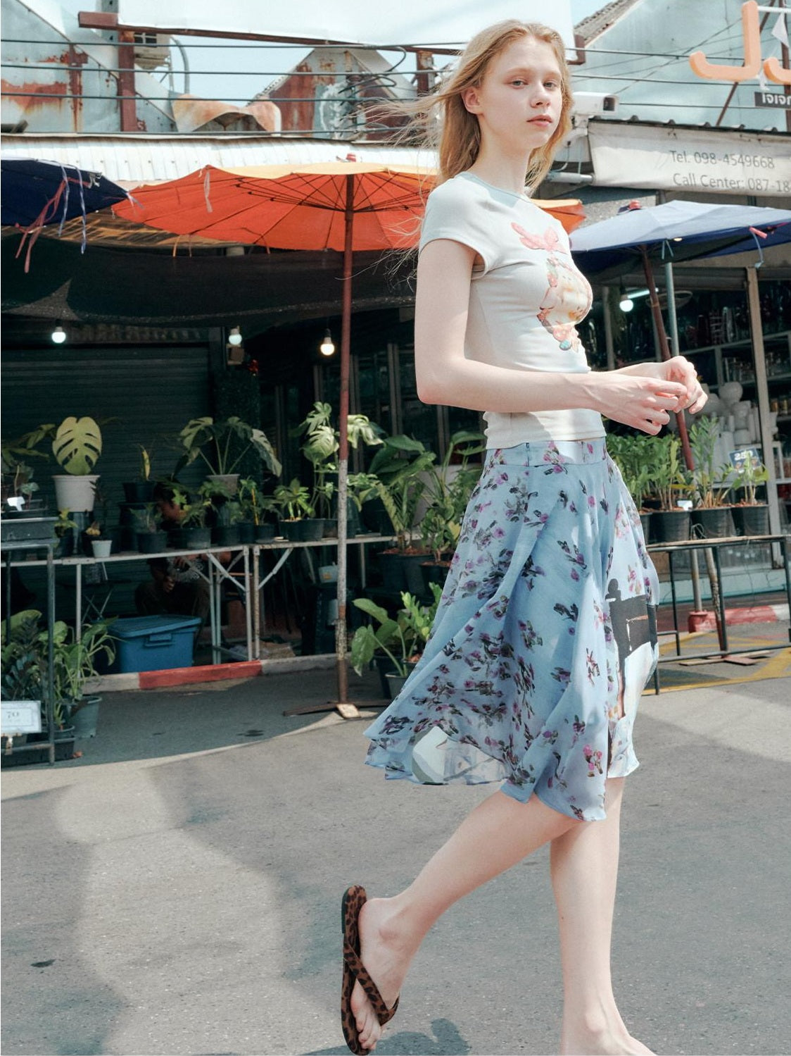 OuttheBlue High Stretch Print A Line High Waist Elastic Teen Sky Blue Polyester Midi Skirts