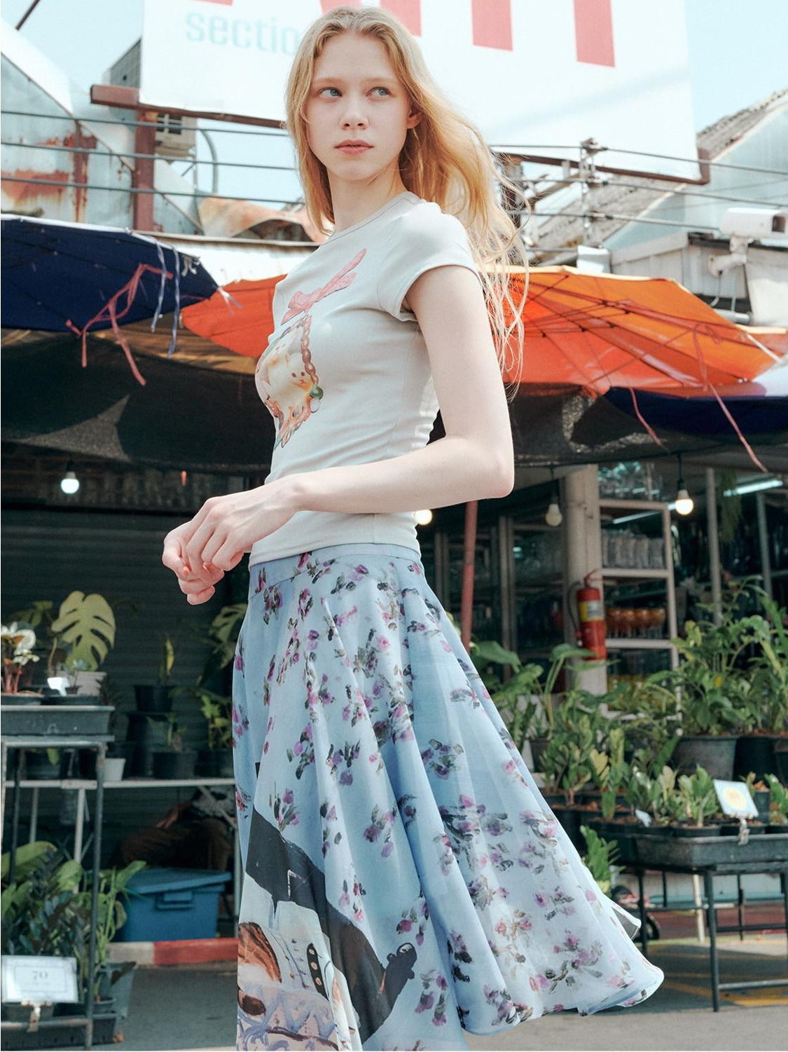 OuttheBlue High Stretch Print A Line High Waist Elastic Teen Sky Blue Polyester Midi Skirts