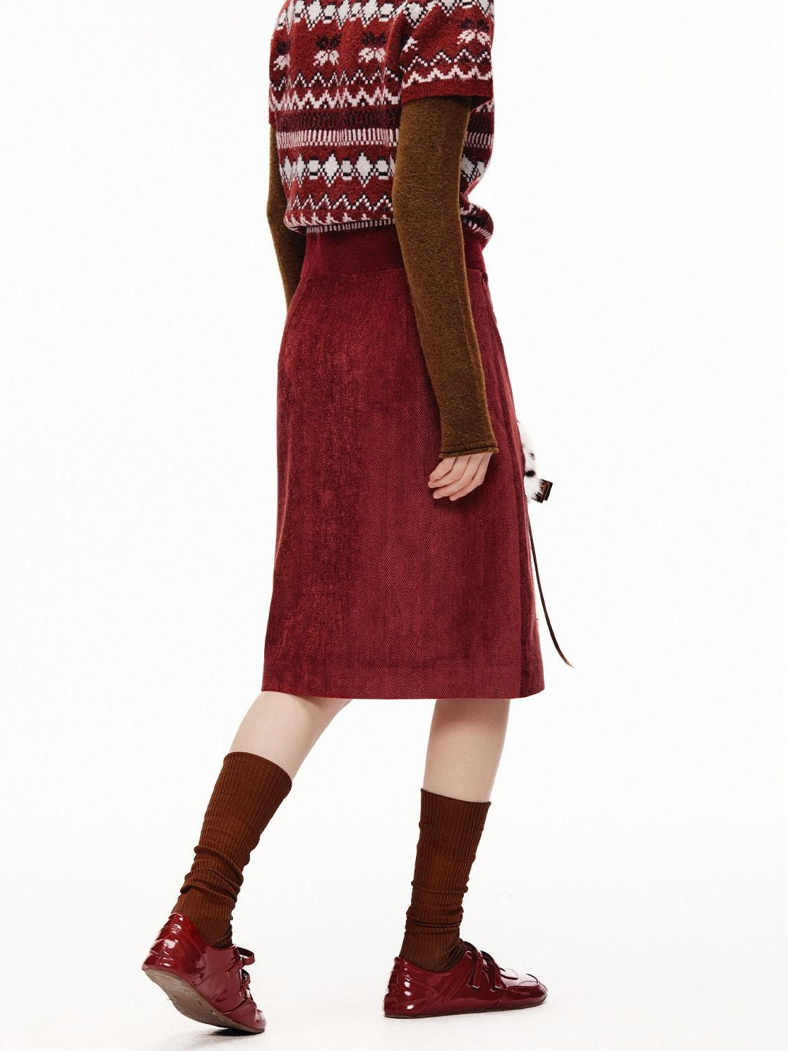 OuttheBlue High Waist A Line Casual Everyday Women Burgundy Polyester Stretch Midi Skirts