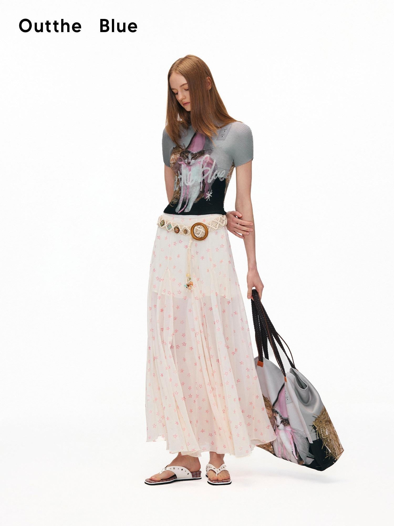 OuttheBlue High Waist A Line Printed Polyester Lined Belted Flowy Women Maxi Skirts