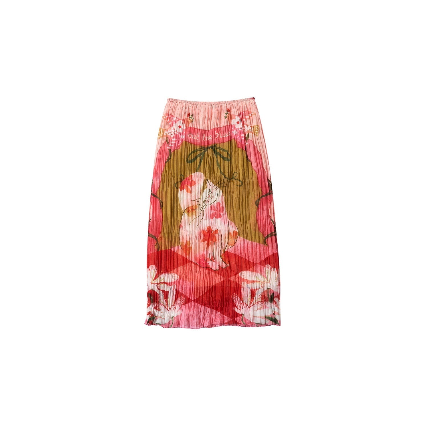 OuttheBlue High Waist Pleated Printed Loose Fit Women Cat Secret Garden Midi Skirts