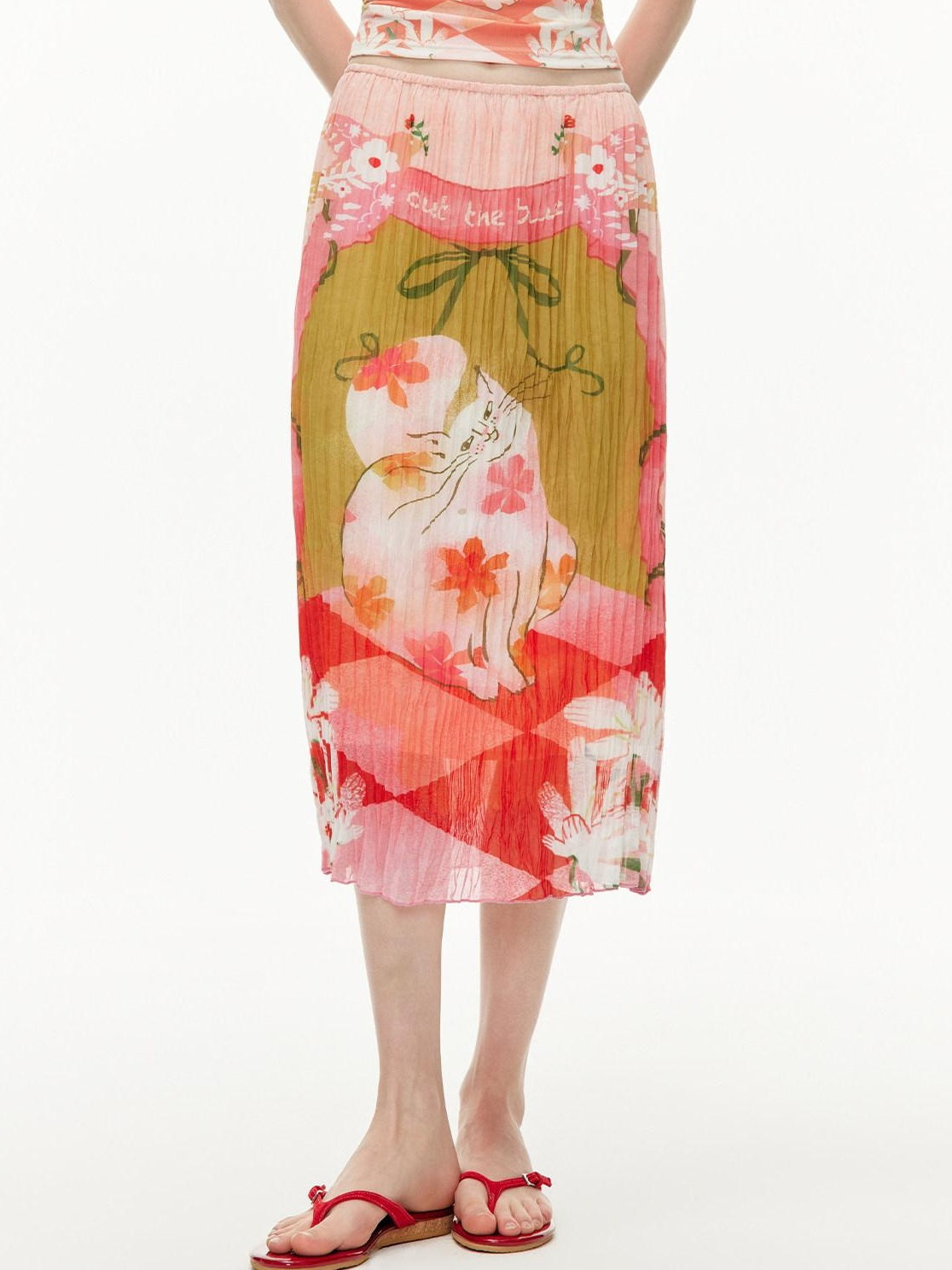 OuttheBlue High Waist Pleated Printed Loose Fit Women Cat Secret Garden Midi Skirts
