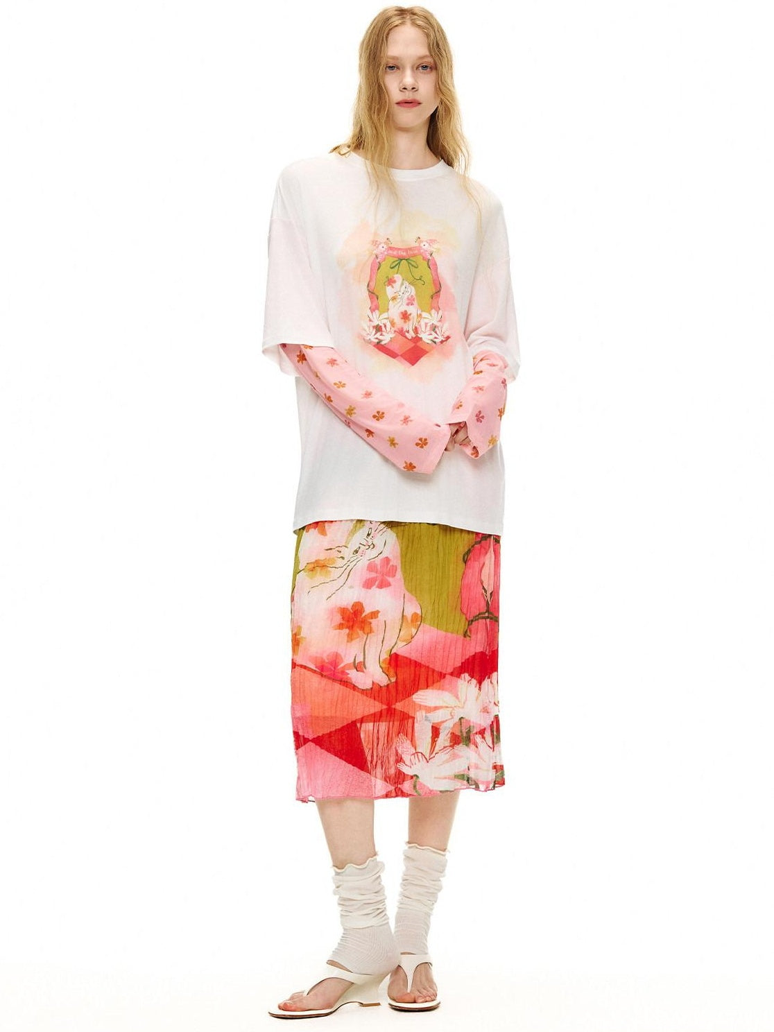 OuttheBlue High Waist Pleated Printed Loose Fit Women Cat Secret Garden Midi Skirts