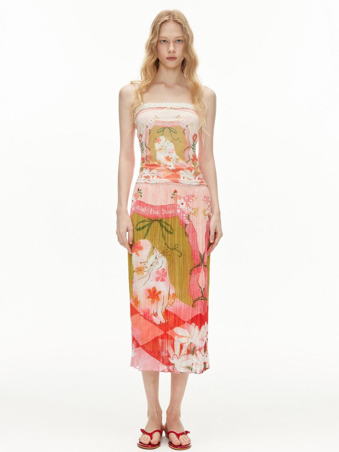 OuttheBlue High Waist Pleated Printed Loose Fit Women Cat Secret Garden Midi Skirts