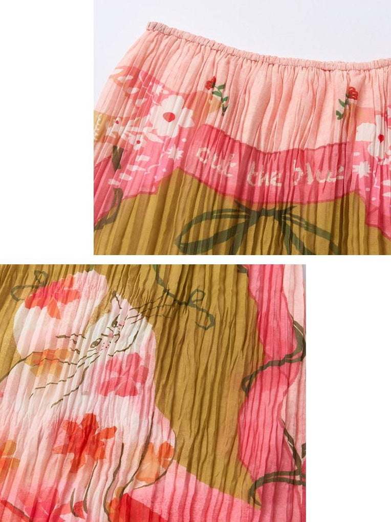 OuttheBlue High Waist Pleated Printed Loose Fit Women Cat Secret Garden Midi Skirts
