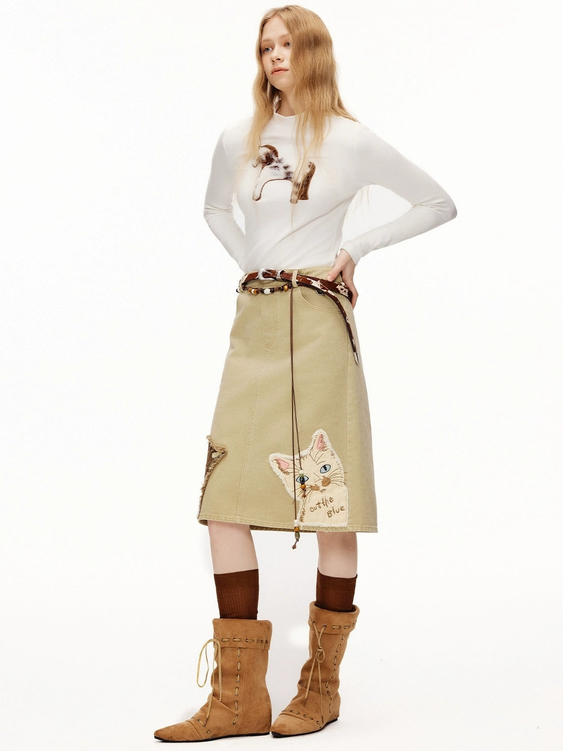 OuttheBlue High Waist Vintage Cat Applique A Line Casual 100 Percent Cotton Midi Skirt