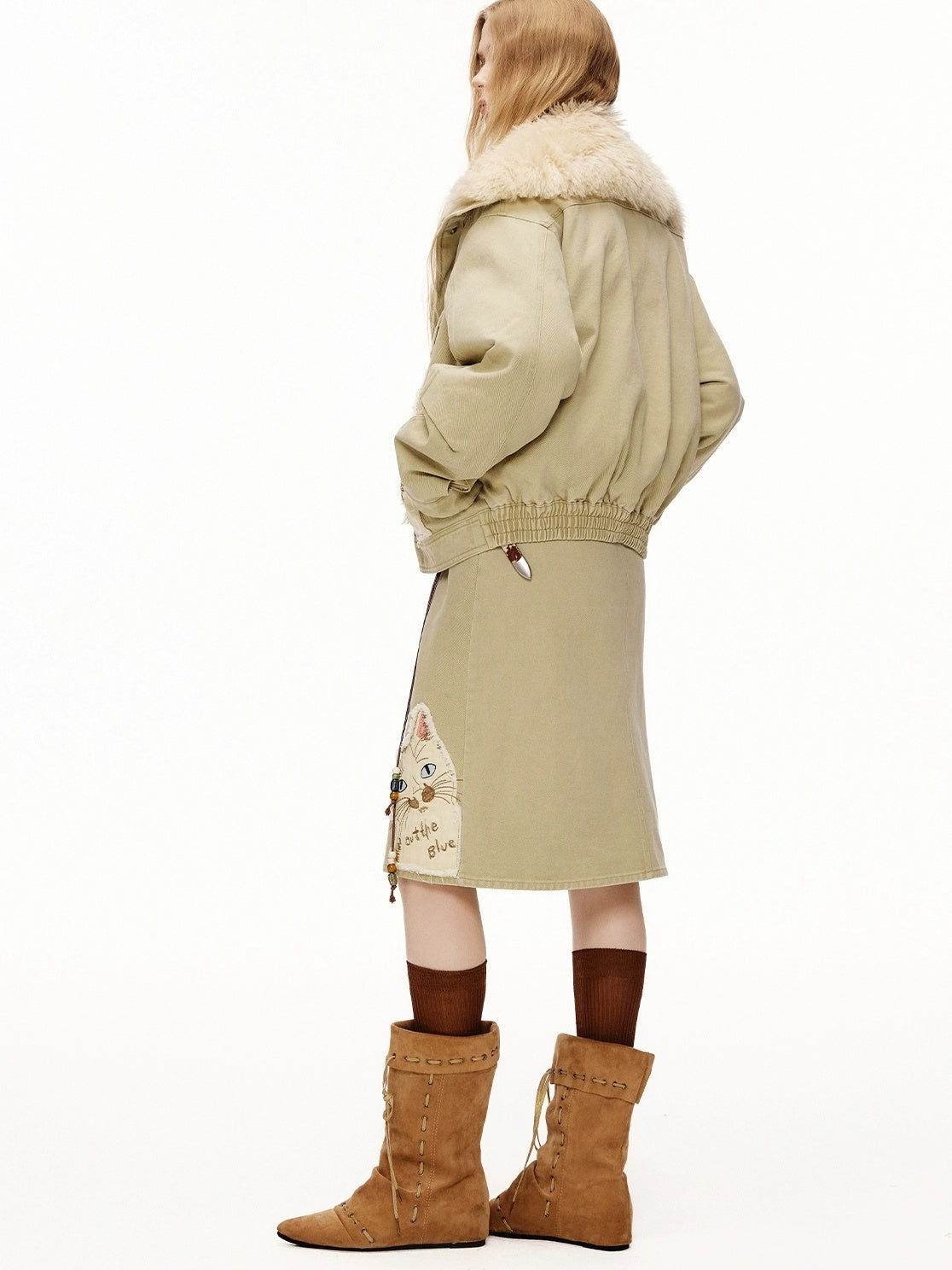 OuttheBlue High Waist Vintage Cat Applique A Line Casual 100 Percent Cotton Midi Skirt