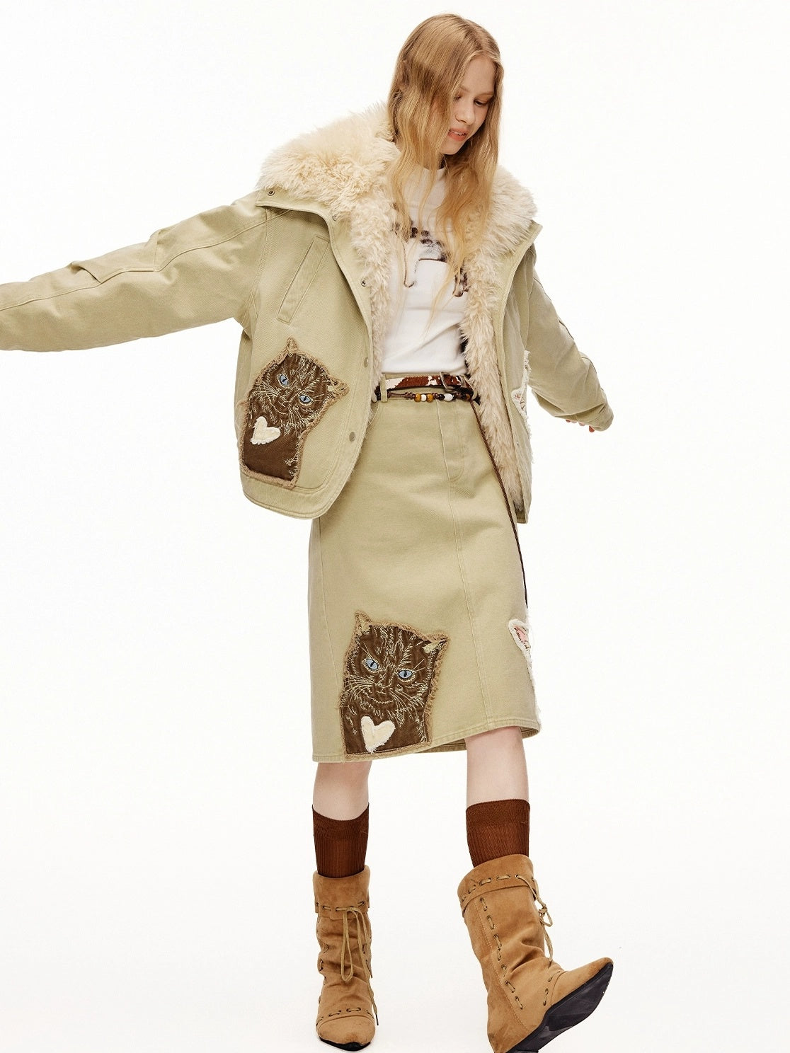 OuttheBlue High Waist Vintage Cat Applique A Line Casual 100 Percent Cotton Midi Skirt