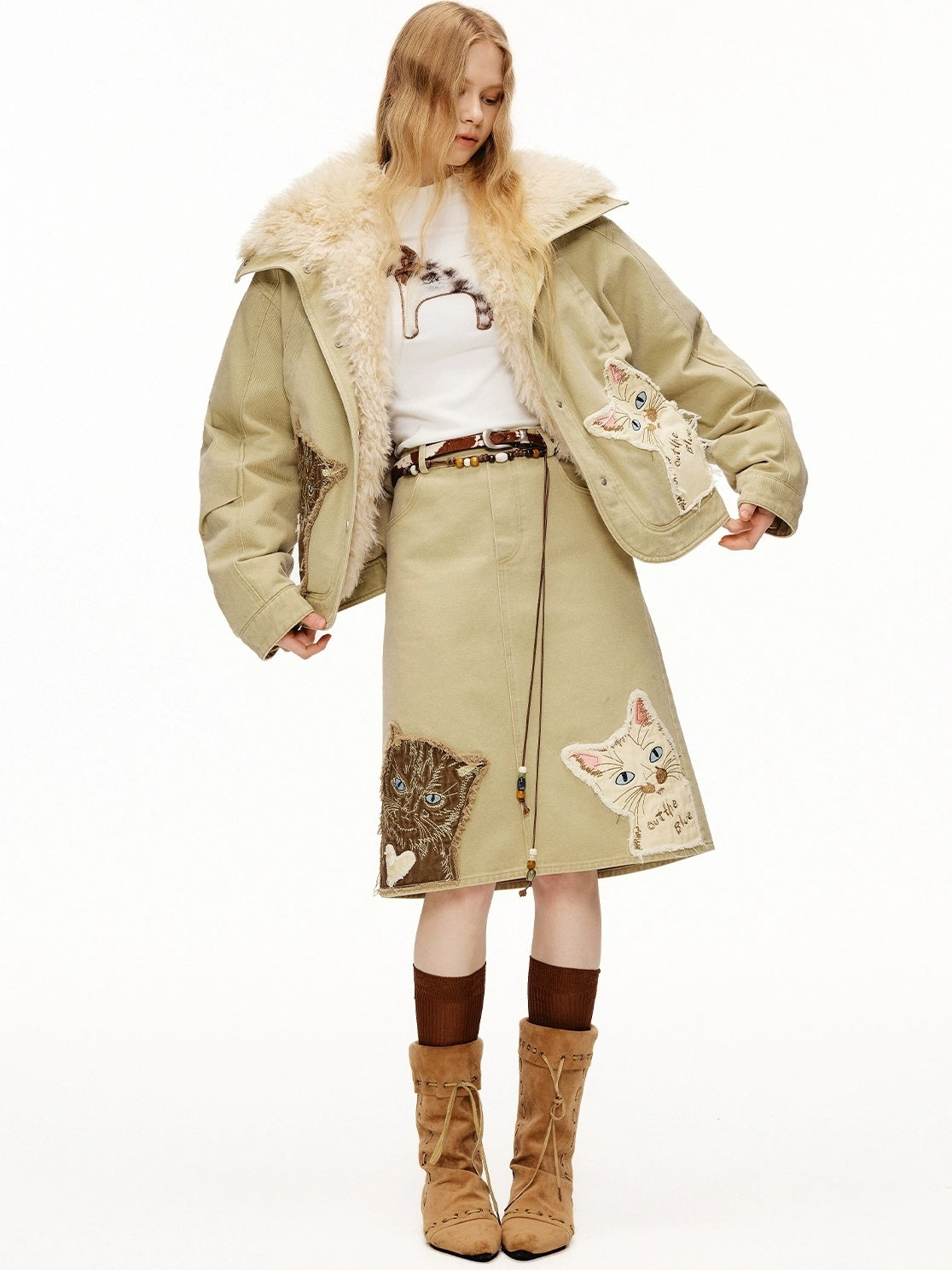 OuttheBlue High Waist Vintage Cat Applique A Line Casual 100 Percent Cotton Midi Skirt