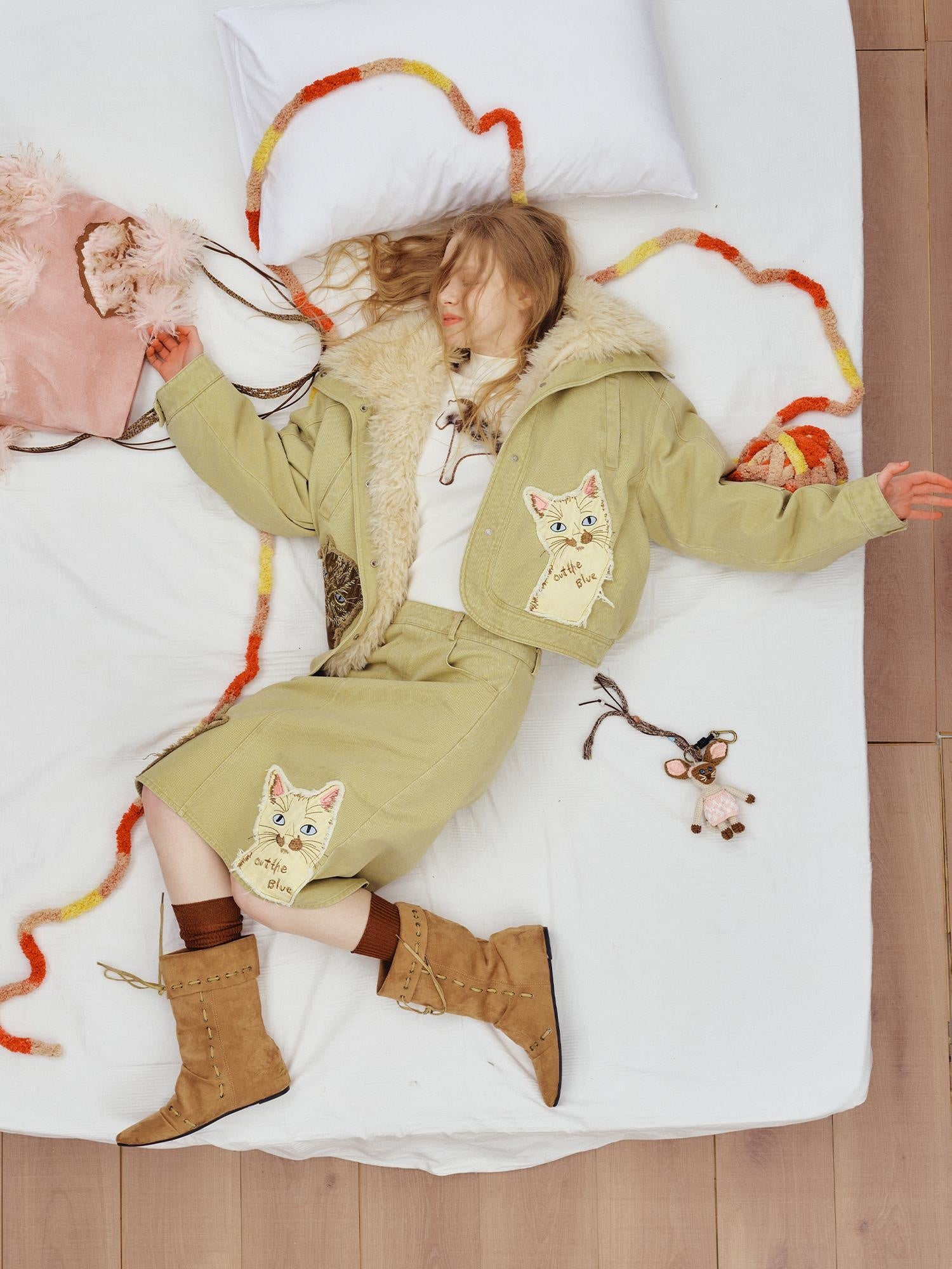 OuttheBlue High Waist Vintage Cat Applique A Line Casual 100 Percent Cotton Midi Skirt