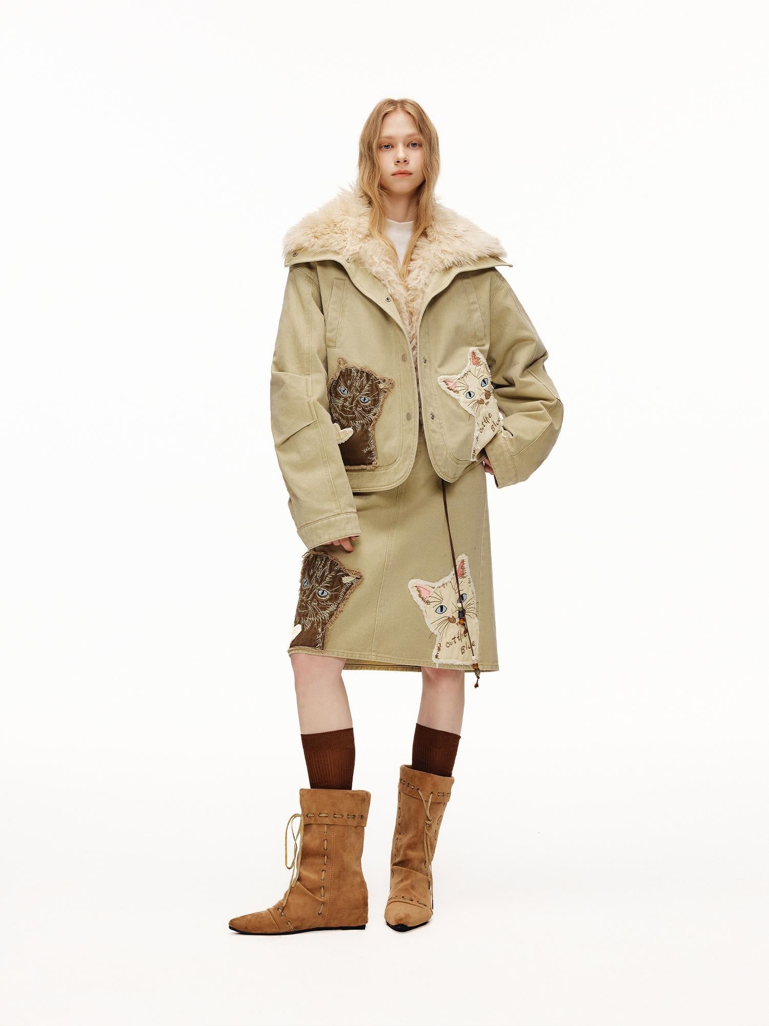 OuttheBlue High Waist Vintage Cat Applique A Line Casual 100 Percent Cotton Midi Skirt